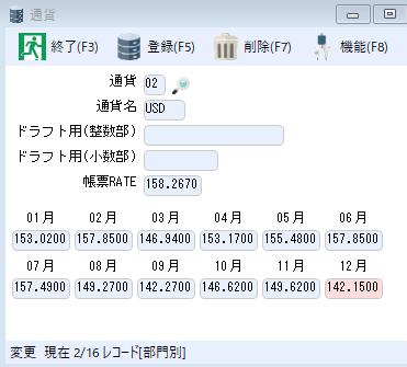 貿易管理システム「TRADING」の「通貨マスタ」画面